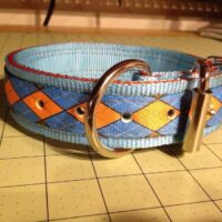 1.5" Nylon Collar Powder Blue outer, Pumpkin inner Blue and Yellow Argyle