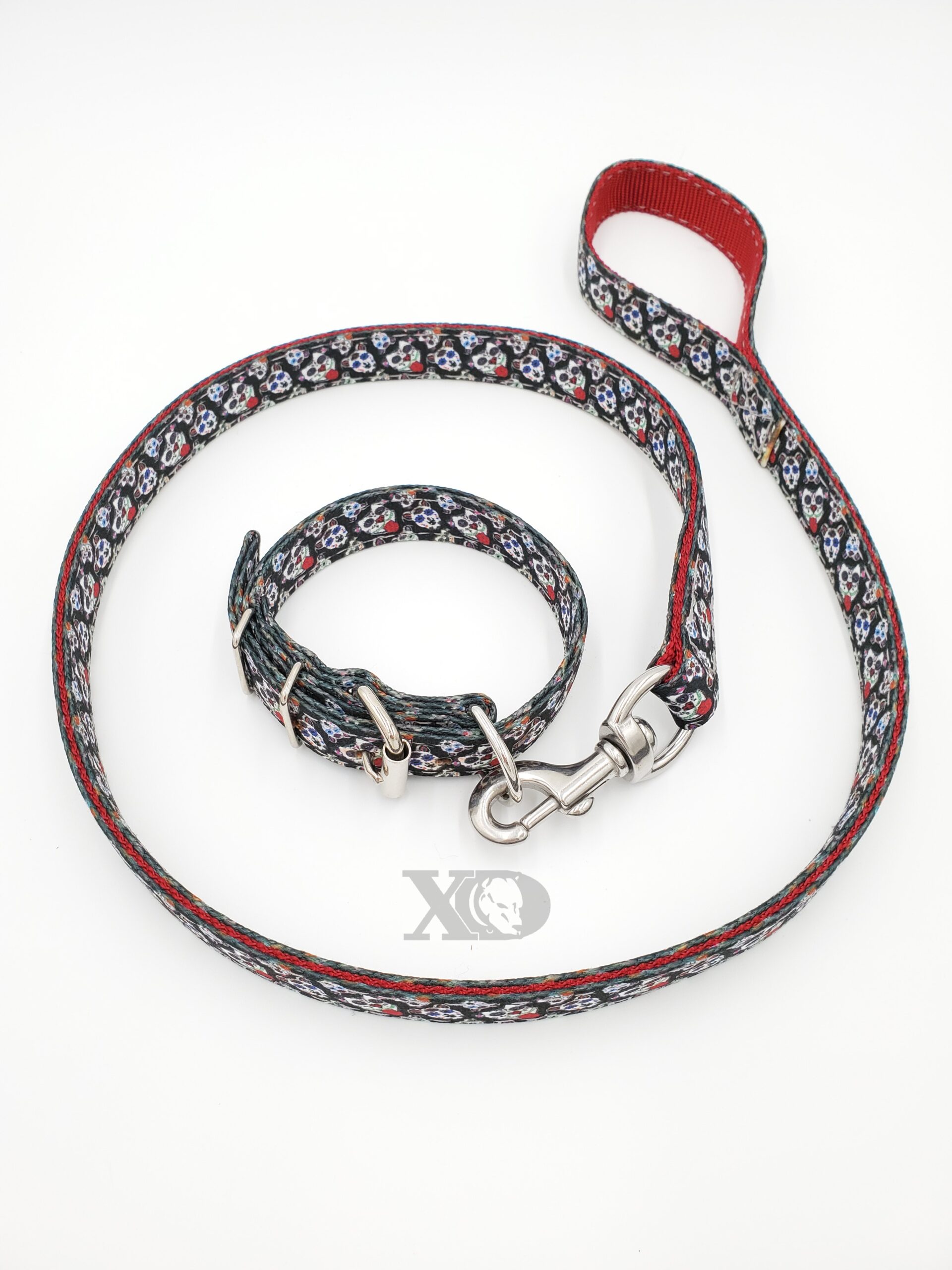 1" Nylon Collar/Lead Set- Sugar Bull Outer, Red Inner, Grey Stitch, Neck Size 11-15"