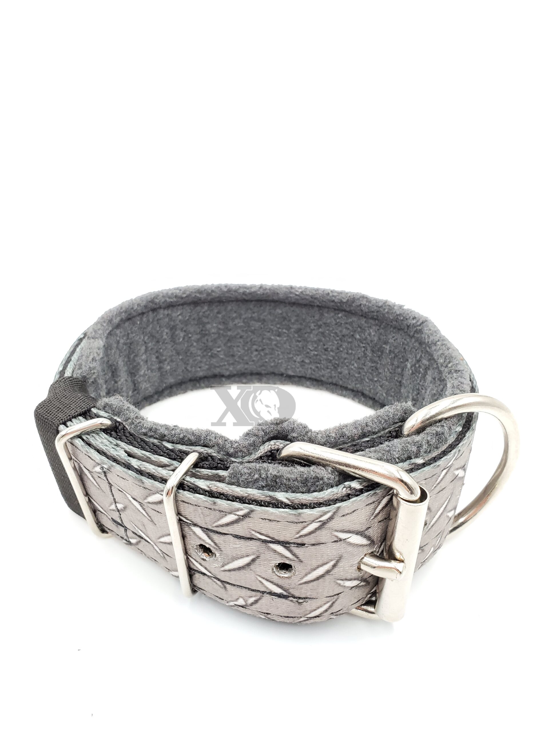 2" Fleece-Lined Collar, Diamond Plate Outer, Black Inner, Grey Fleece, Black Stitch, Neck Size 16-21"
