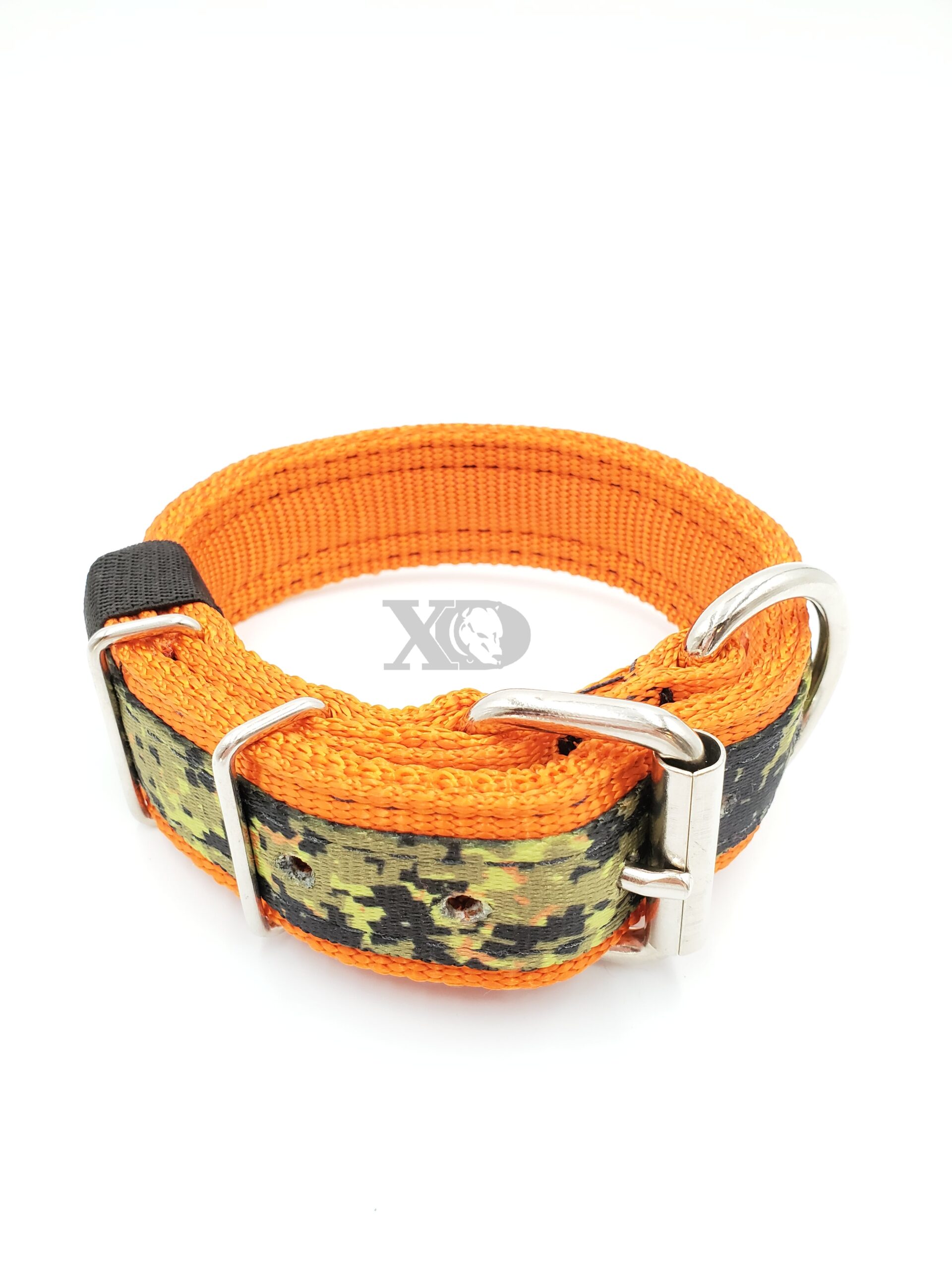 1.5" Nylon Collar- Pumpkin Outer and Inner, Digital Camo Jungle Stripe, Black Stitch, Neck Size 17-22"