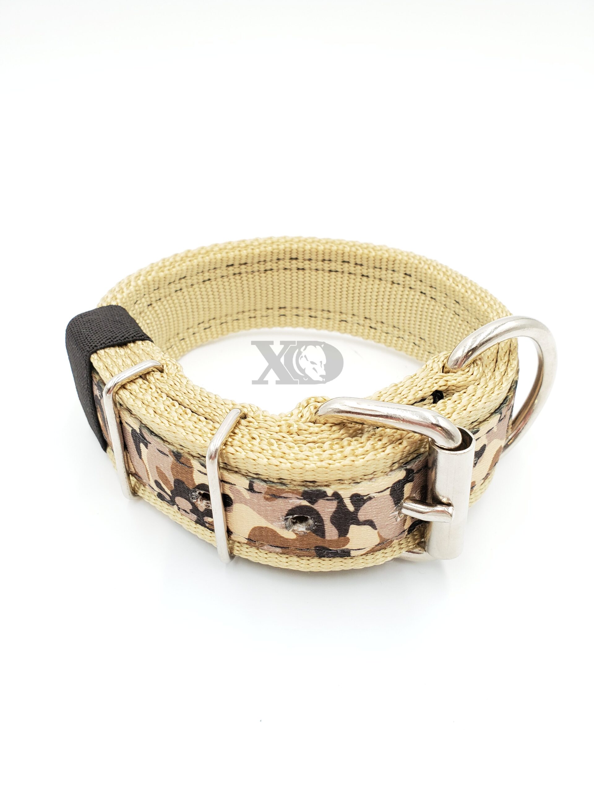 1.5" Nylon Collar- Tan Outer and Inner, OP Camo Brown Stripe, Black Stitch, Neck Size 13-18"