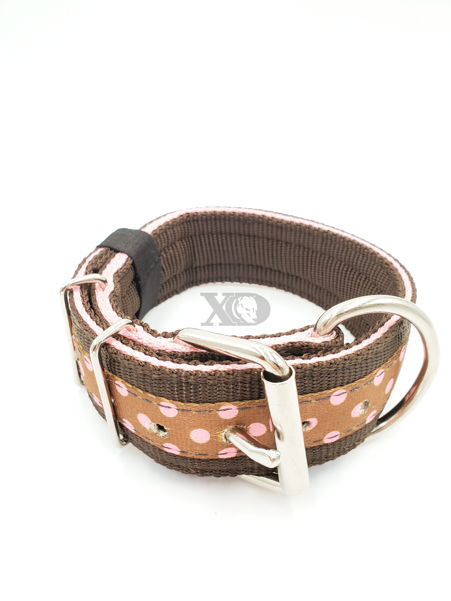 2" Nylon Collar- Brown Outer, Pink Inner, Polka Dots Brown Stripe, Black Stitch, Neck Size 15-20"