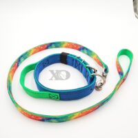 1.5" Nylon Collar/Lead Set- Pacific Blue Outer, Hot Green Inner Collar with Hot Green Handle, Tie Dye Outer, Hot Green Inner Lead, Black Stitch, Neck Size 19-24"