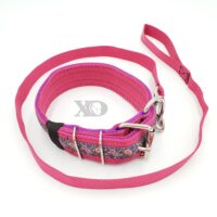 2" Nylon Collar/Lead Set- Hot Pink Outer, Purple Inner, Purple Paisley Stripe, Single Ply Lead, Black Stitch, Neck Size 18-23"