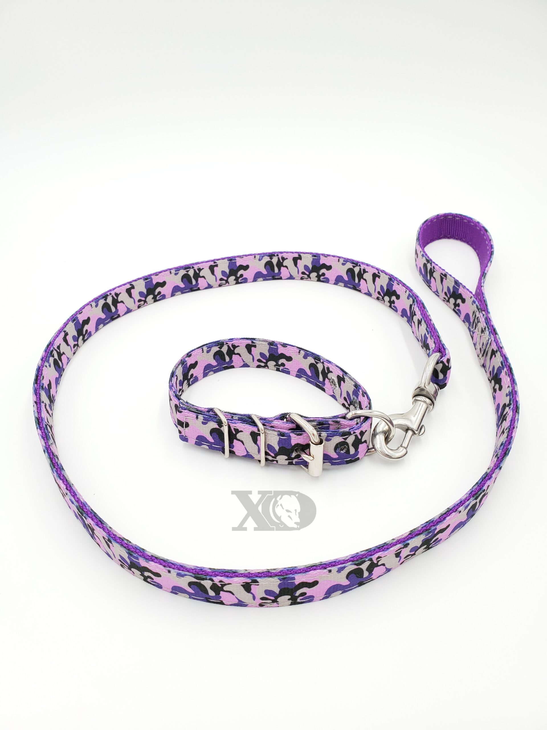 1" Nylon Collar/Lead Set- OP Camo Purple Outer, Purple Inner, Grey Stitch, Neck Size 10-14"