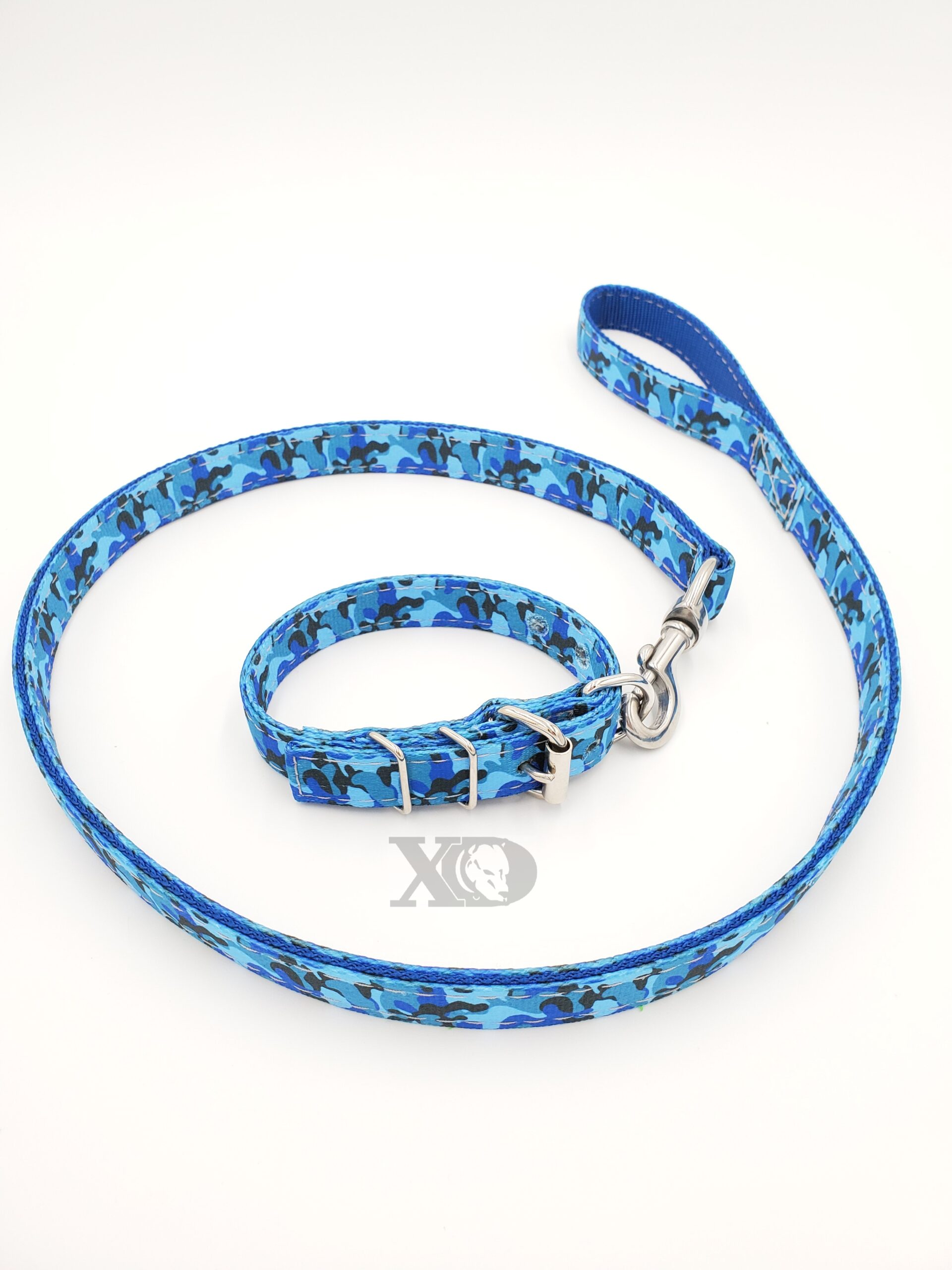 1" Nylon Collar/Lead Set- OP Camo Blue Outer, Blue Inner, Grey Stitch, Neck Size 10-14"