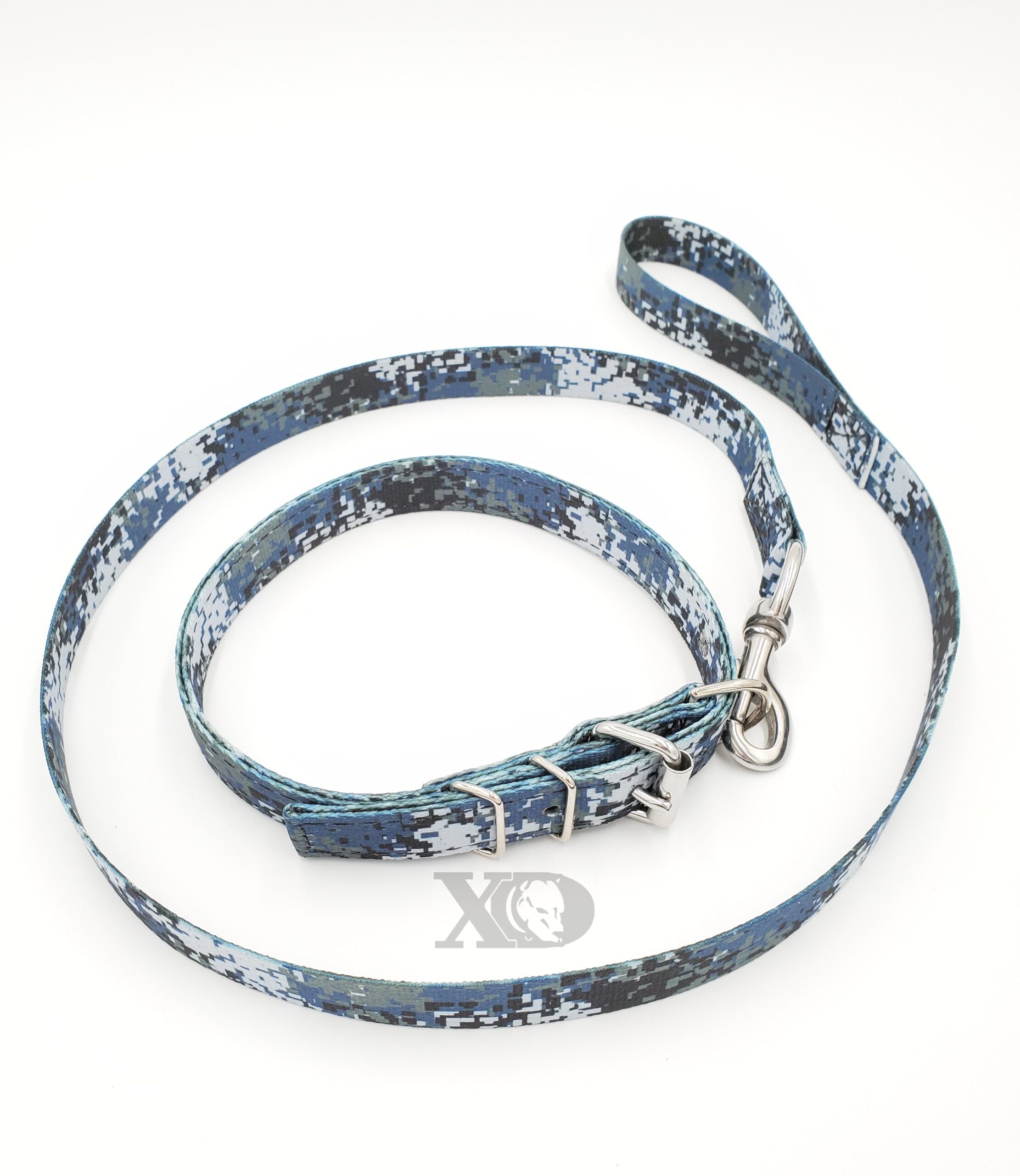 1" Nylon Collar/Lead Set- Single Ply Digital Camo Blue, Black Stitch, Neck Size 18-22"
