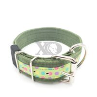 2" Nylon Collar, Olive Outer and Inner, Polka Dots Stripe, Black Stitch, Neck Size 19-23"