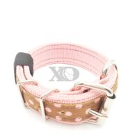 1.5" Nylon Collar- Pink Outer and Inner, Brown Polka Dots Stripe, Black Stitch, Neck Size 13-17"