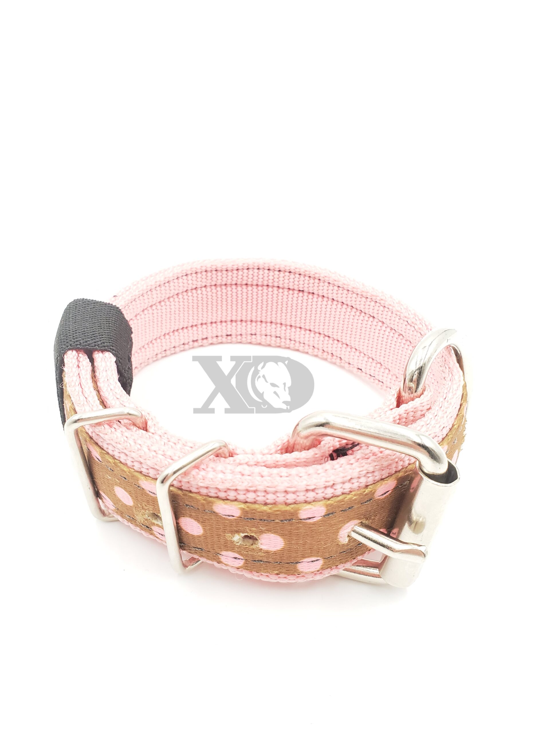 1.5" Nylon Collar- Pink Outer and Inner, Brown Polka Dots Stripe, Black Stitch, Neck Size 13-17"