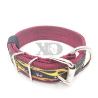 1.5" Nylon Collar- Burgundy Outer and Inner, Hot Rod Flame Stripe, Black Stitch, Neck Size 16-20"