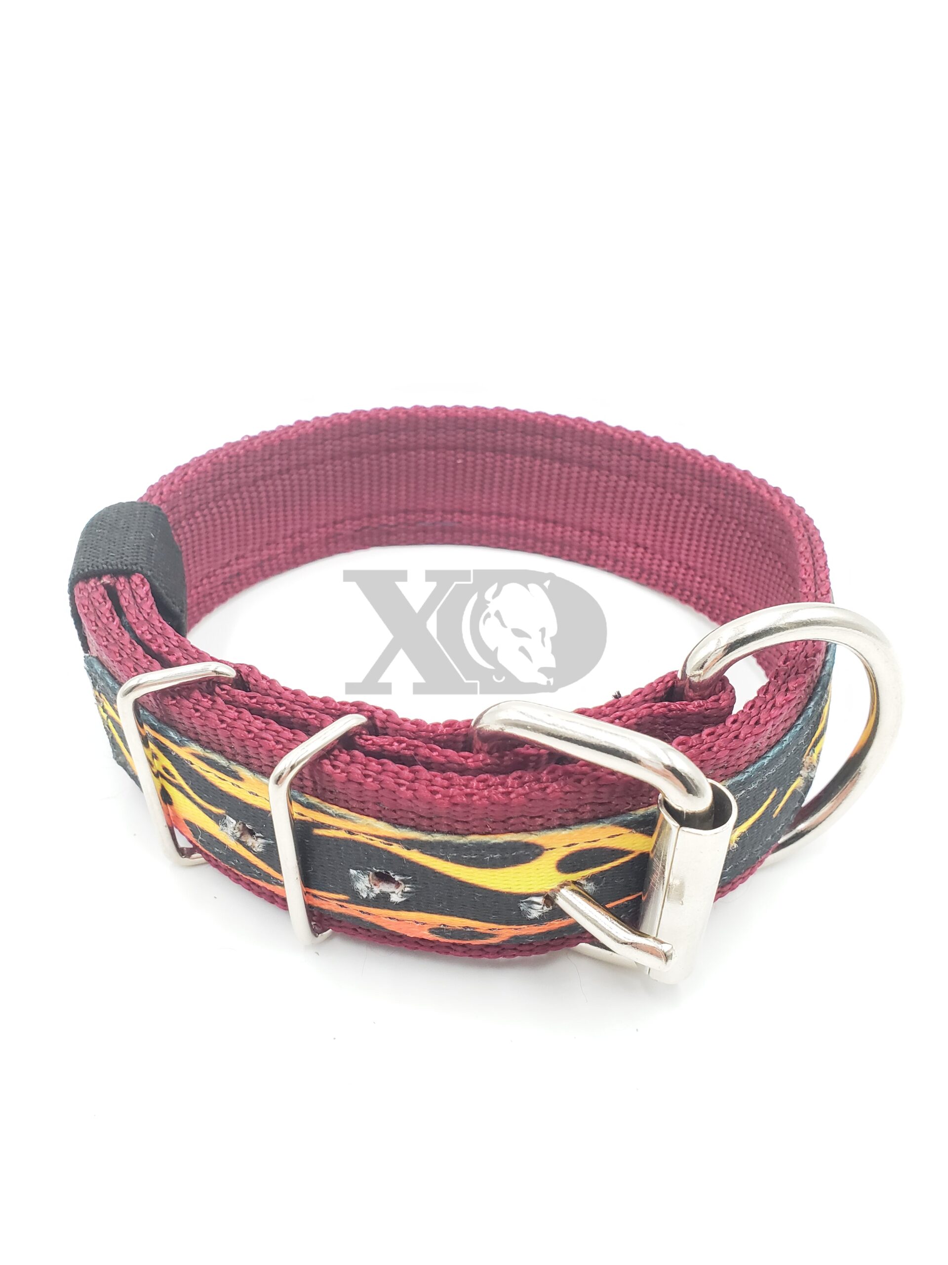 1.5" Nylon Collar- Burgundy Outer and Inner, Hot Rod Flame Stripe, Black Stitch, Neck Size 16-20"