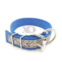 1.5" Nylon Collar- Pacific Blue Outer and Inner, Diamond Plate Stripe, Black Stitch, Neck Size 16-20"