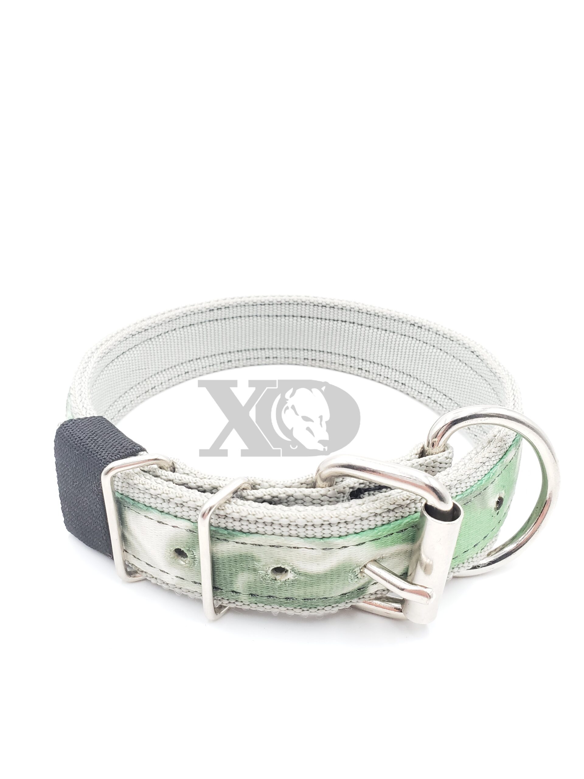 1.5" Nylon Collar- Grey Outer and Inner, Green Smoke Stripe, Black Stitch, Neck Size 18-22"