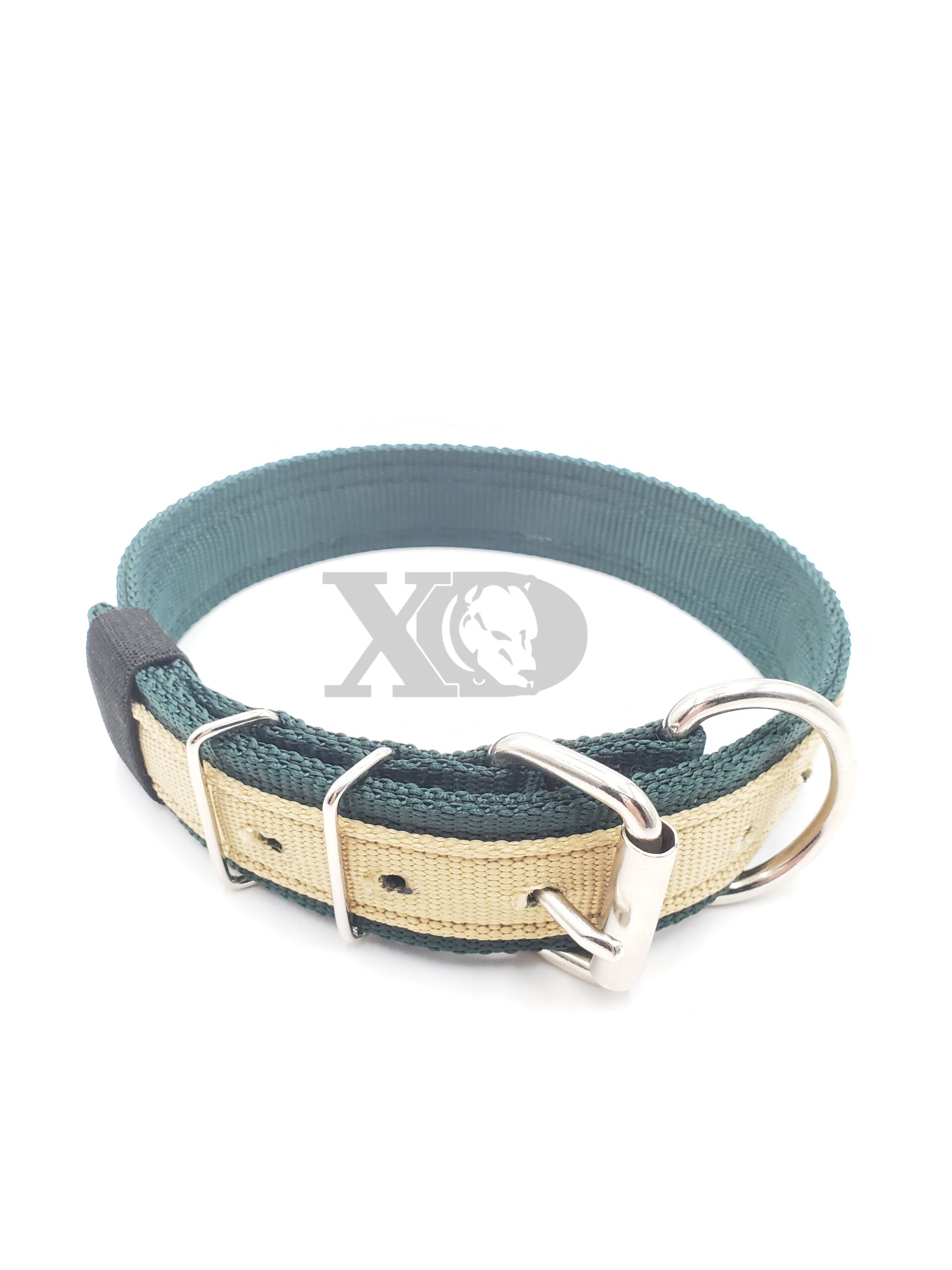 1.5" Nylon Collar- Forest Green Outer and Inner, Tan Stripe, Black Stitch, Neck Size 20-25"