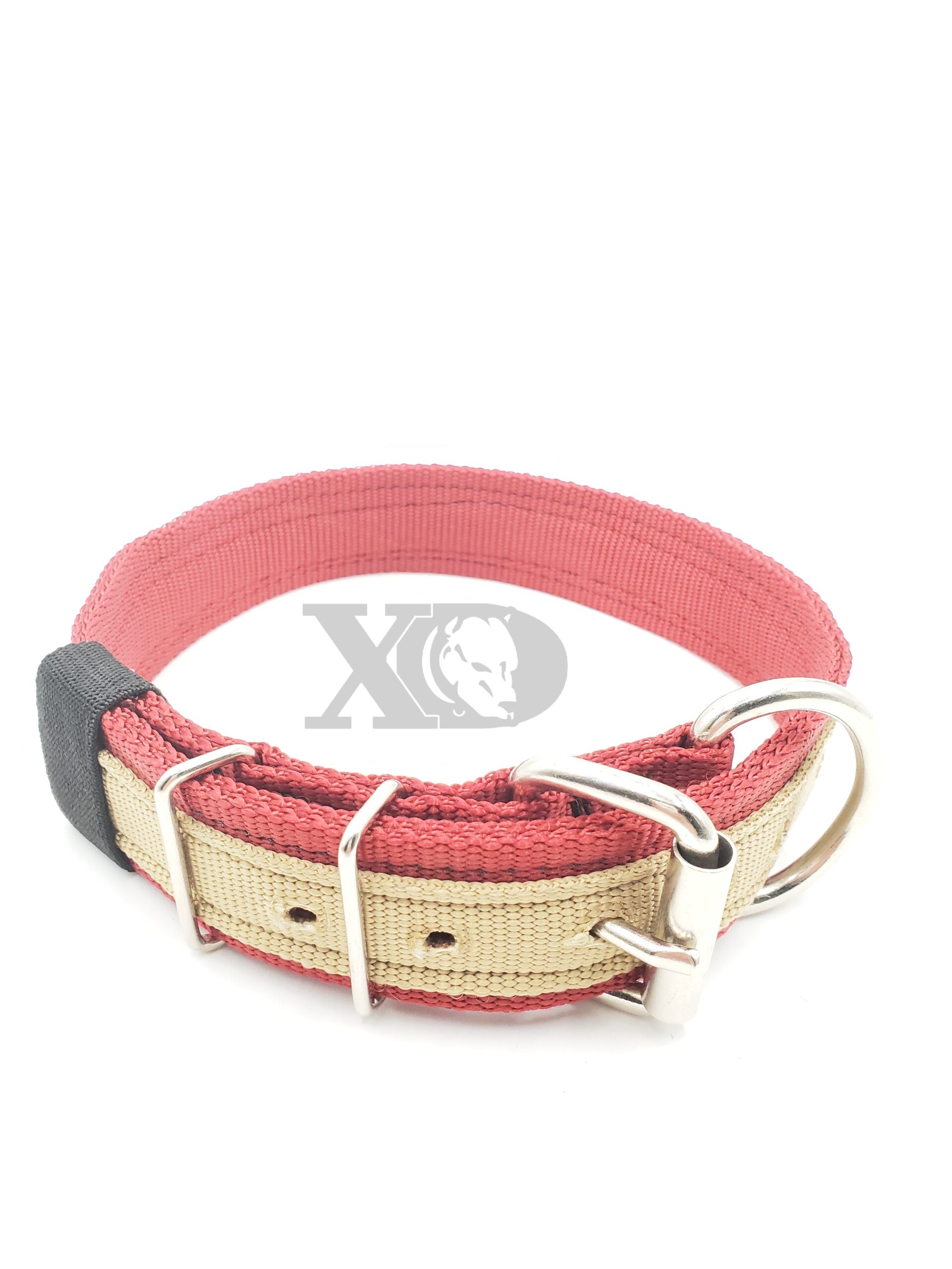 1.5" Nylon Collar- Light Red Outer, Light Red Inner, Tan Stripe, Black Stitch, Neck Size 20-25"