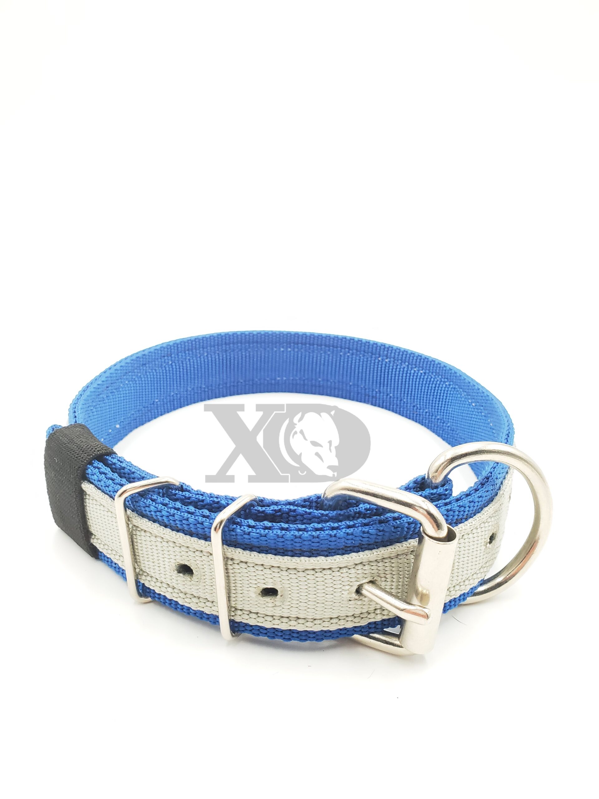 1.5" Nylon Collar- Pacific Blue Outer and Inner, Grey Stripe, Black Stitch, Neck Size 20-25"