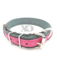 1.5" Nylon Collar- Forest Green Outer and Inner, Raspberry Stripe, Black Stitch, Neck Size 20-25"