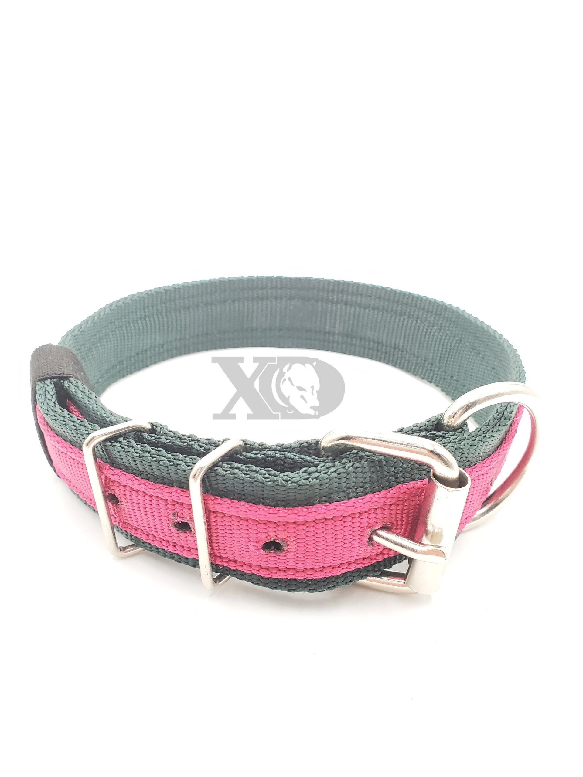 1.5" Nylon Collar- Forest Green Outer and Inner, Raspberry Stripe, Black Stitch, Neck Size 20-25"