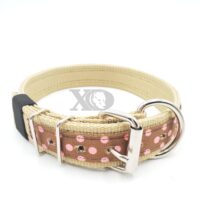 1.5" Nylon Collar- Tan Outer, Tan Inner, Polka Dots Brown Stripe, Black Stitch, Neck Size 20-25"