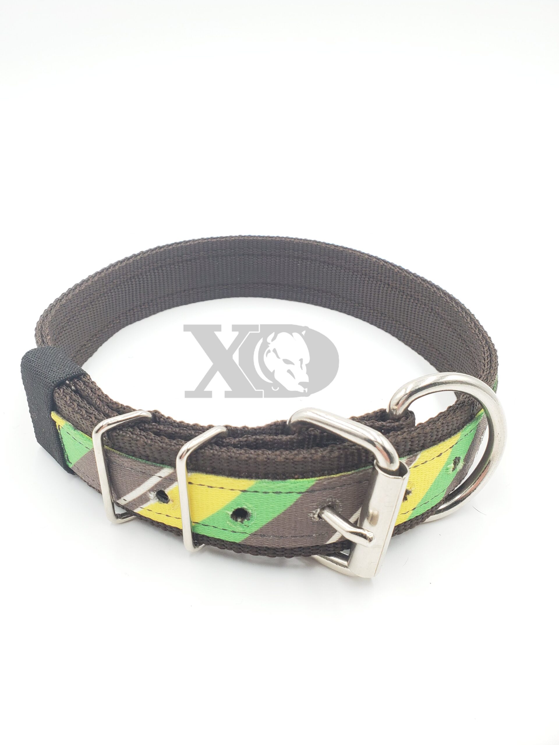 1.5" Nylon Collar- Brown Outer, Brown Inner, Yellow Stripe Stripe, Black Stitch, Neck Size 20-25"