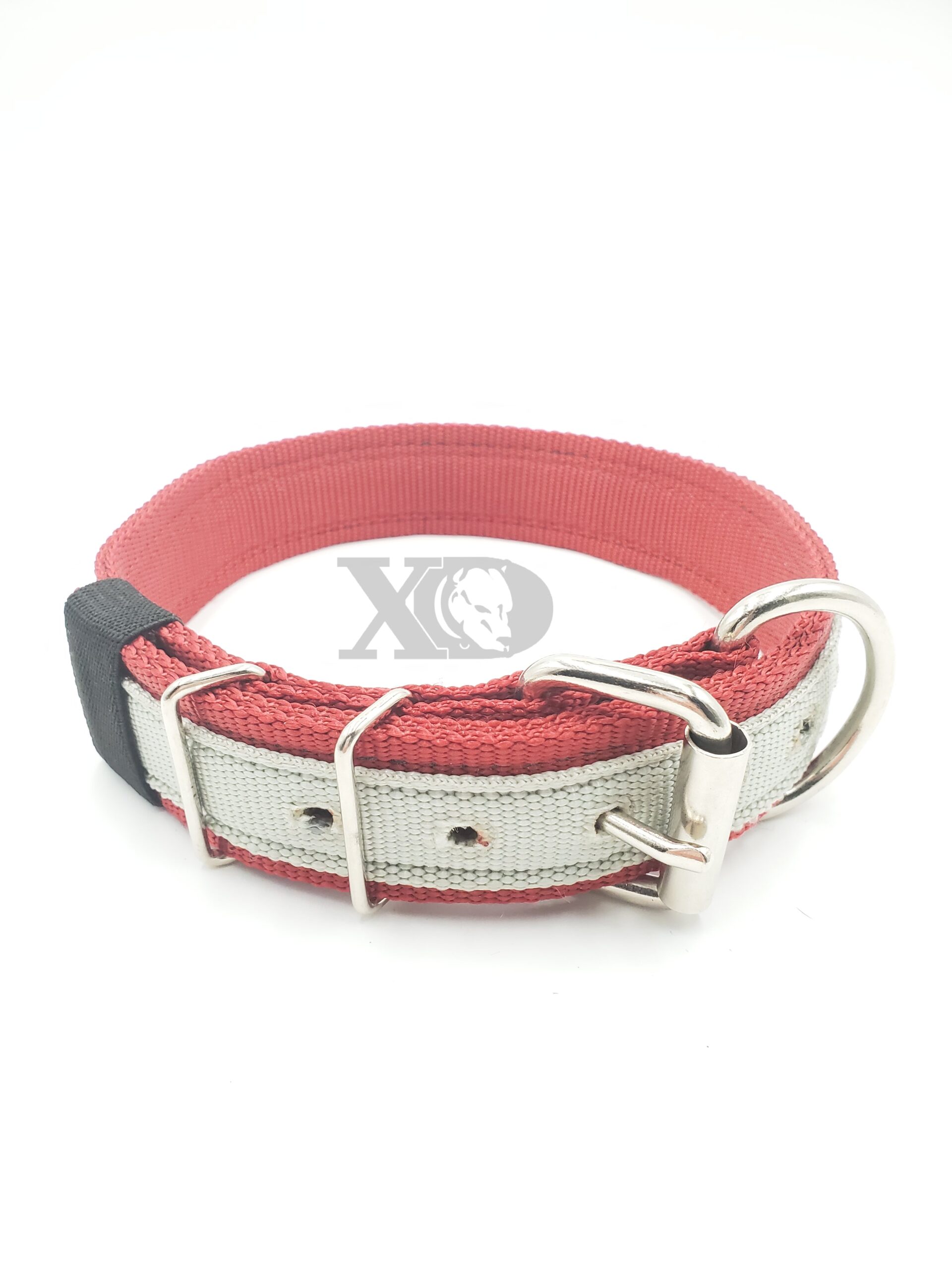1.5" Nylon Collar- Dark Red Outer, Dark Red Inner, Grey Stripe, Black Stitch, Neck Size 20-25"