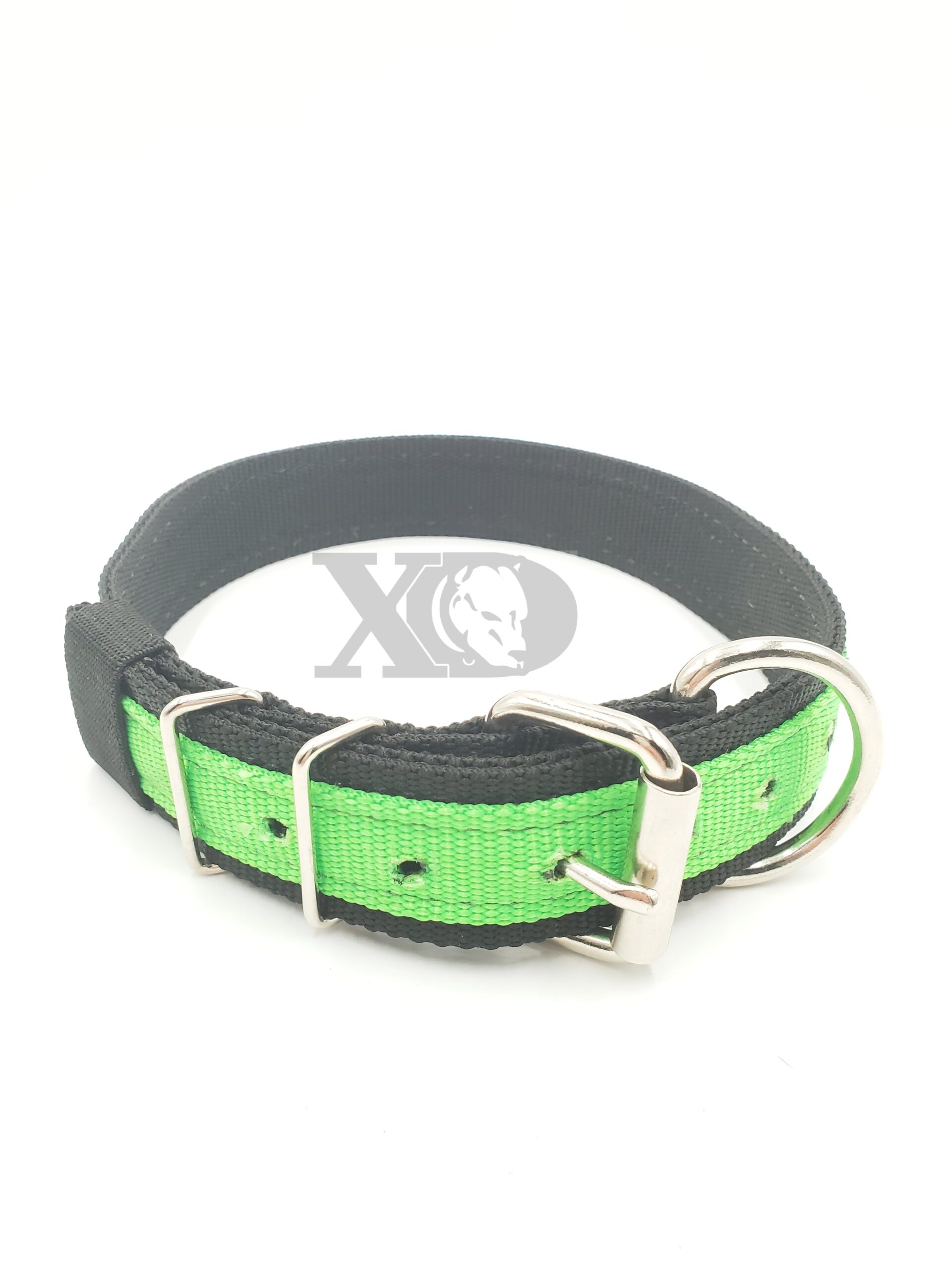 1.5" Nylon Collar- Black Outer, Black Inner, Hot Green Stripe, Black Stitch, Neck Size 20-25"