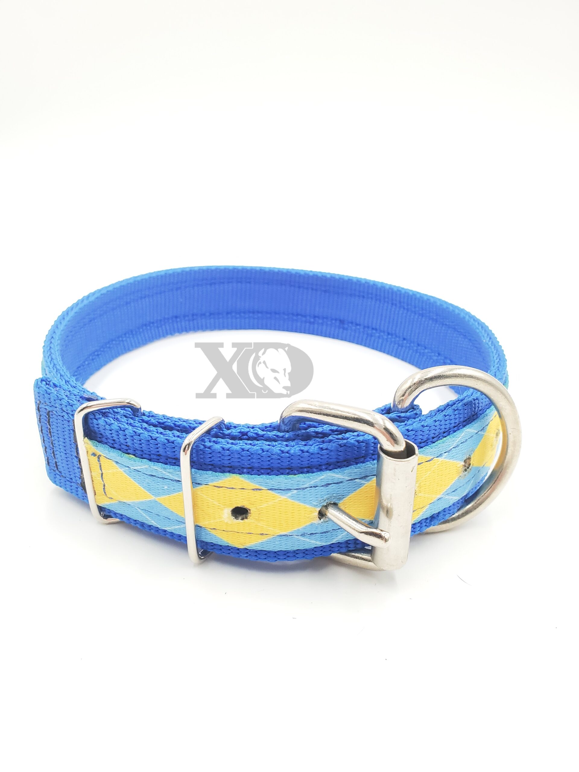 1.5" Nylon Collar- Royal Blue Outer, Royal Blue Inner, Blue Yellow Argyle Stripe, Black Stitch, Neck Size 21-25"