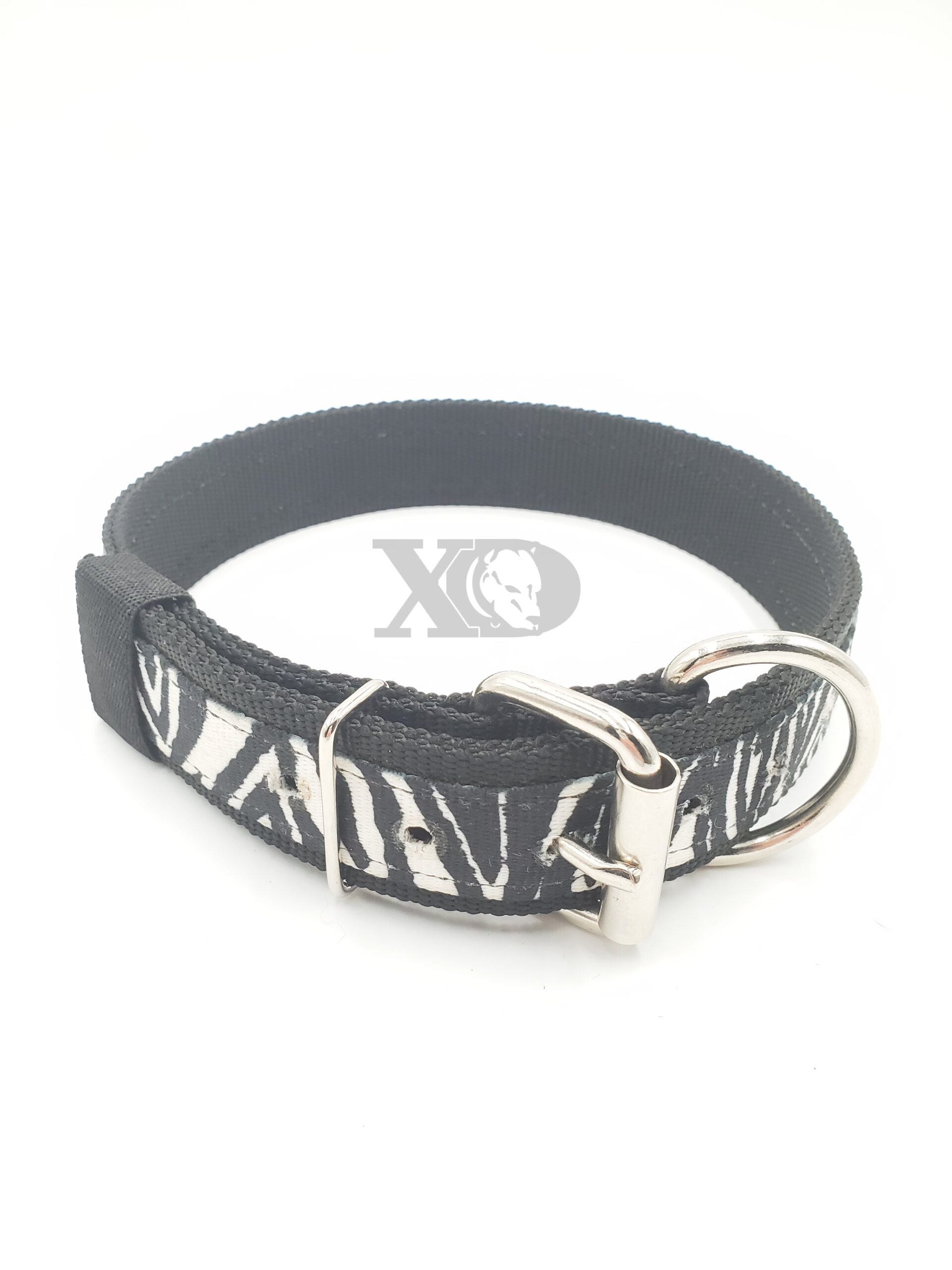 1.5" Nylon Collar- Black Outer, Black Inner, Zebra Stripe, Black Stitch, Neck Size 21-25"