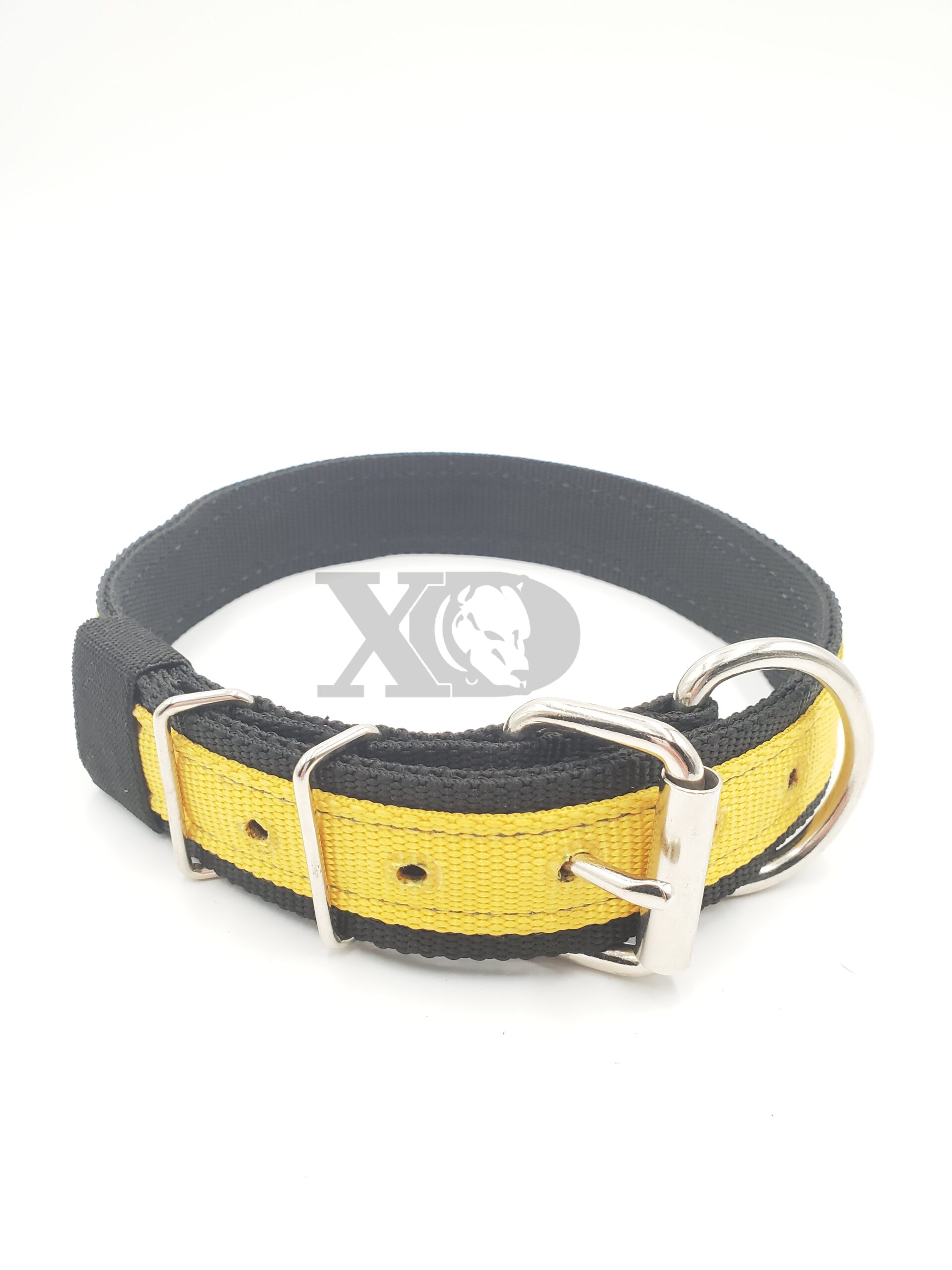 1.5" Nylon Collar- Black Outer, Black Inner, Yellow Stripe, Black Stitch, Neck Size 21-25"
