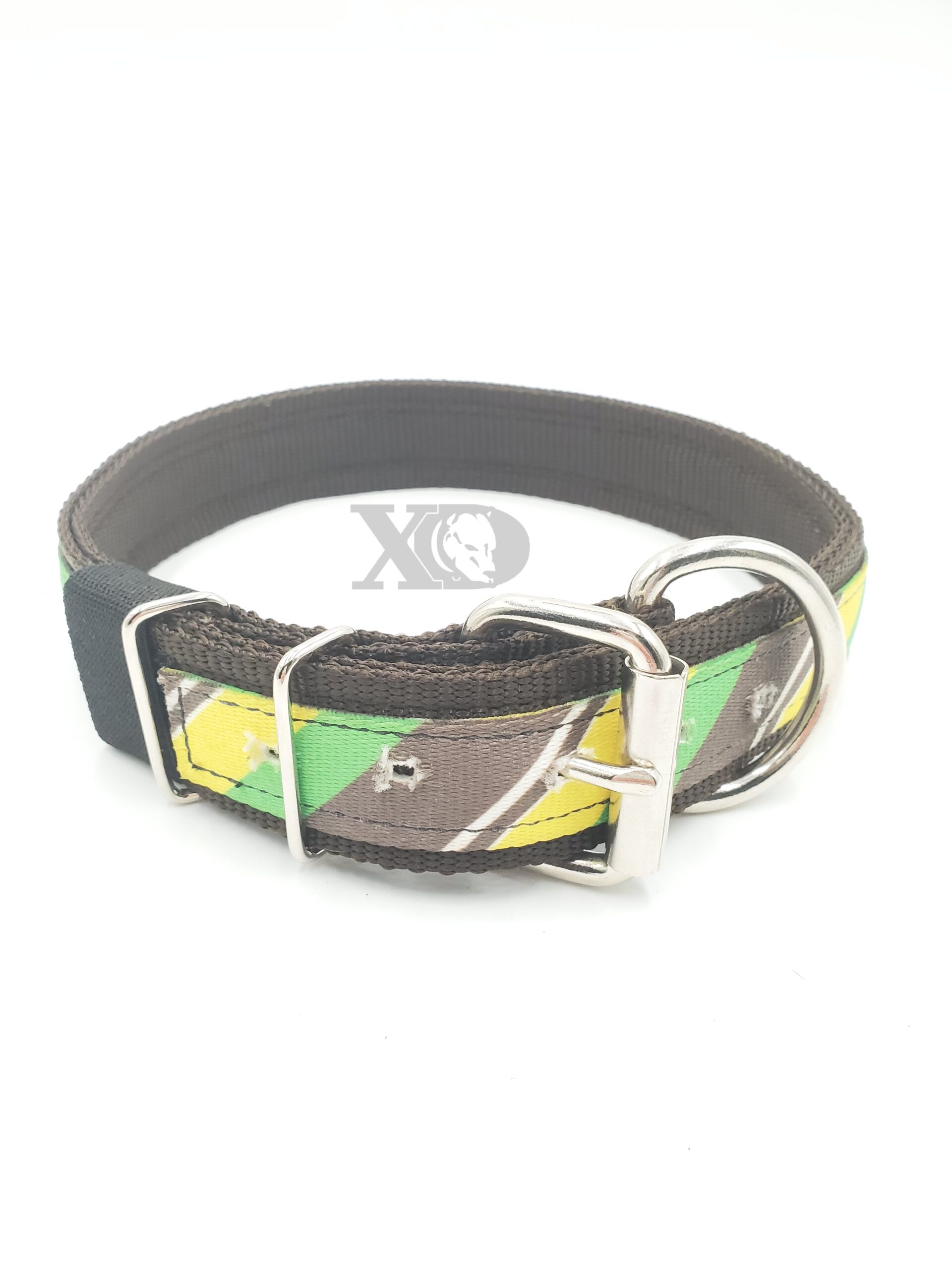 1.5" Nylon Collar- Brown Outer, Brown Inner, Yellow Stripe Stripe, Black Stitch, Neck Size 22-26"