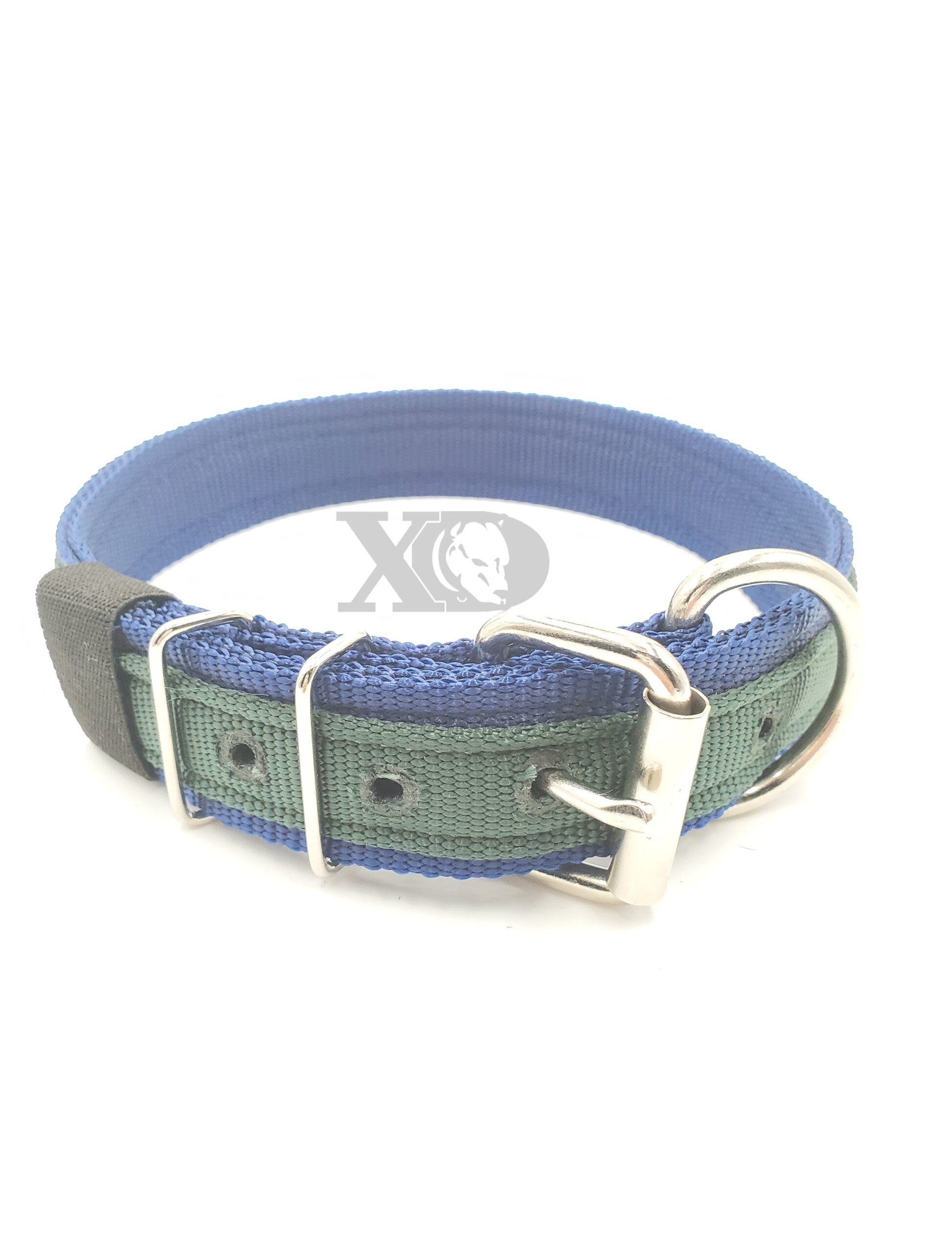 1.5" Nylon Collar- Navy Blue Outer, Navy Blue Inner, Forest Green Stripe, Black Stitch, Neck Size 22-26"