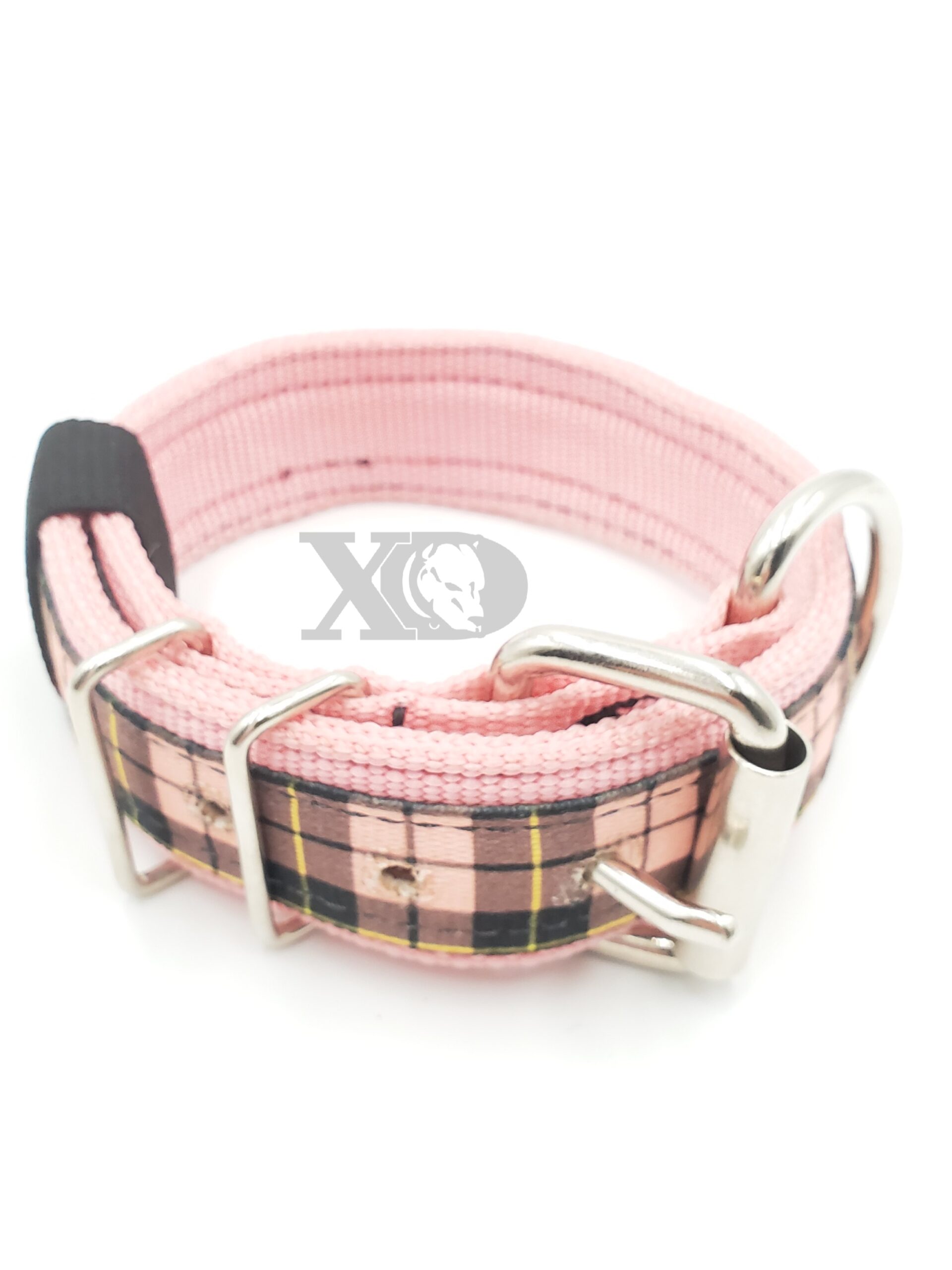 1.5" Nylon Collar- Pink Outer and Inner, Pink Tartan Stripe, Black Stitch, Neck Size 13-17"