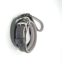 1.25" Black Latigo Leather Collar/Lead Set- Lined with Silver Deerskin, Grey Stitch, Neck Size 12-16"