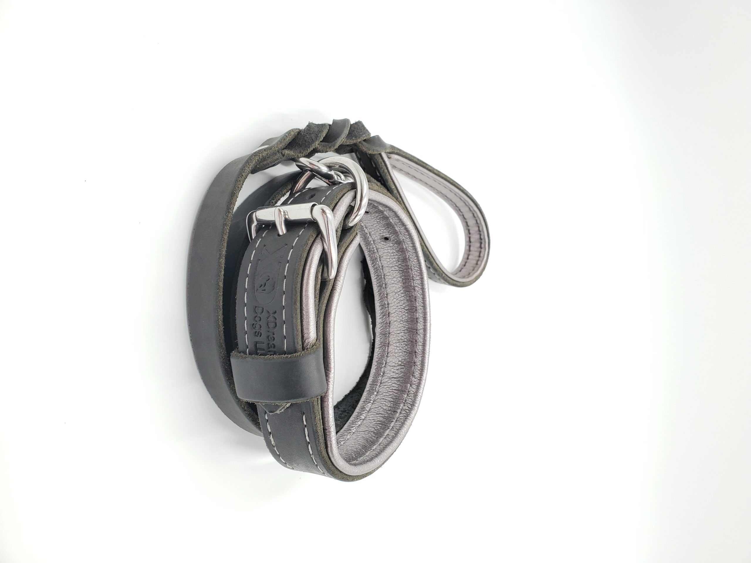 1.25" Black Latigo Leather Collar/Lead Set- Lined with Silver Deerskin, Grey Stitch, Neck Size 12-16"
