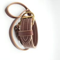 2" Brown Latigo Leather Collar/Lead Set- Heavy Duty 2 Ply Working Collar, Brown Stitch, Brass Hardware, Neck Size 13-18"