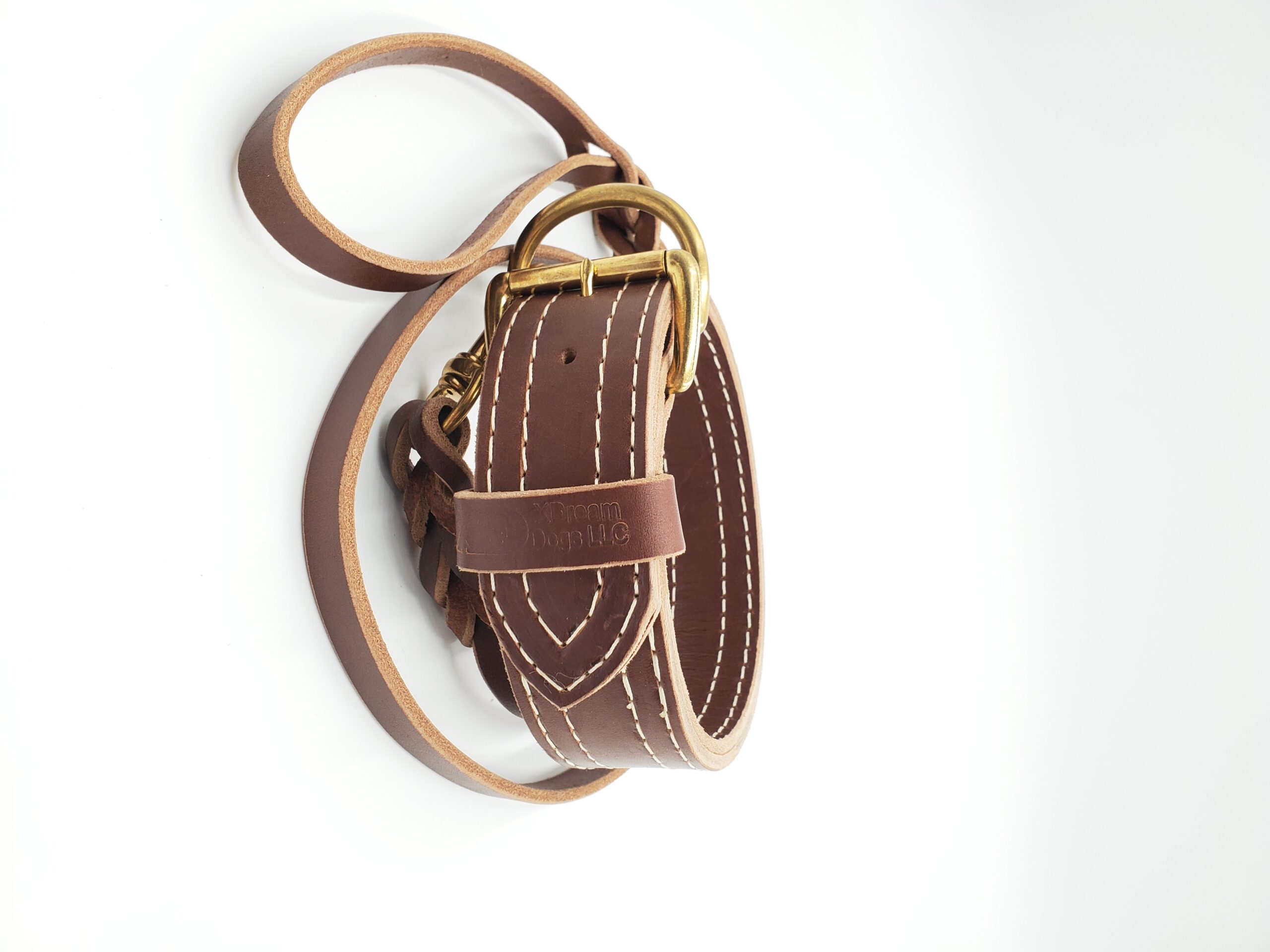 2" Brown Latigo Leather Collar/Lead Set- Heavy Duty 2 Ply Working Collar, Brown Stitch, Brass Hardware, Neck Size 13-18"