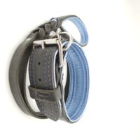 2" Black Latigo Leather Collar/Lead Set- Lined with Metallic Ice Blue, Blue Stitch, Stainless Steel Hardware, Neck Size 14-18"