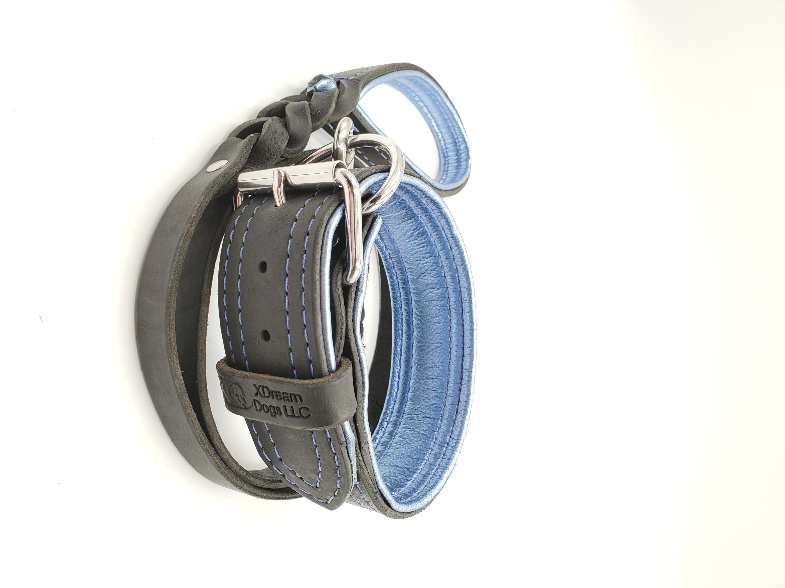 2" Black Latigo Leather Collar/Lead Set- Lined with Metallic Ice Blue, Blue Stitch, Stainless Steel Hardware, Neck Size 14-18"