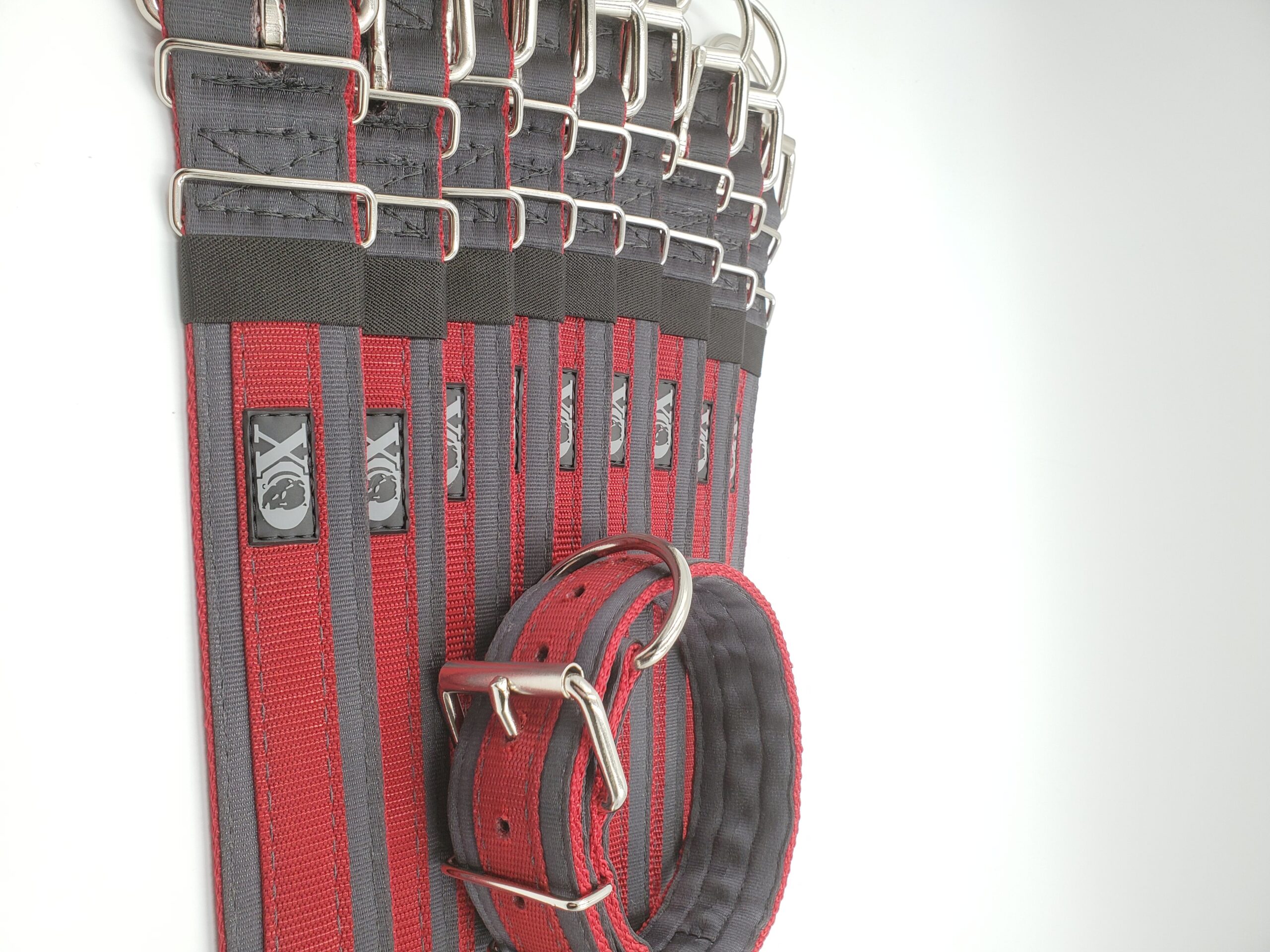 2" Wide Kennel Pack, Grey Seat Belt Outer, Dark Red Stripe, Black Stitch, Size 15-20"