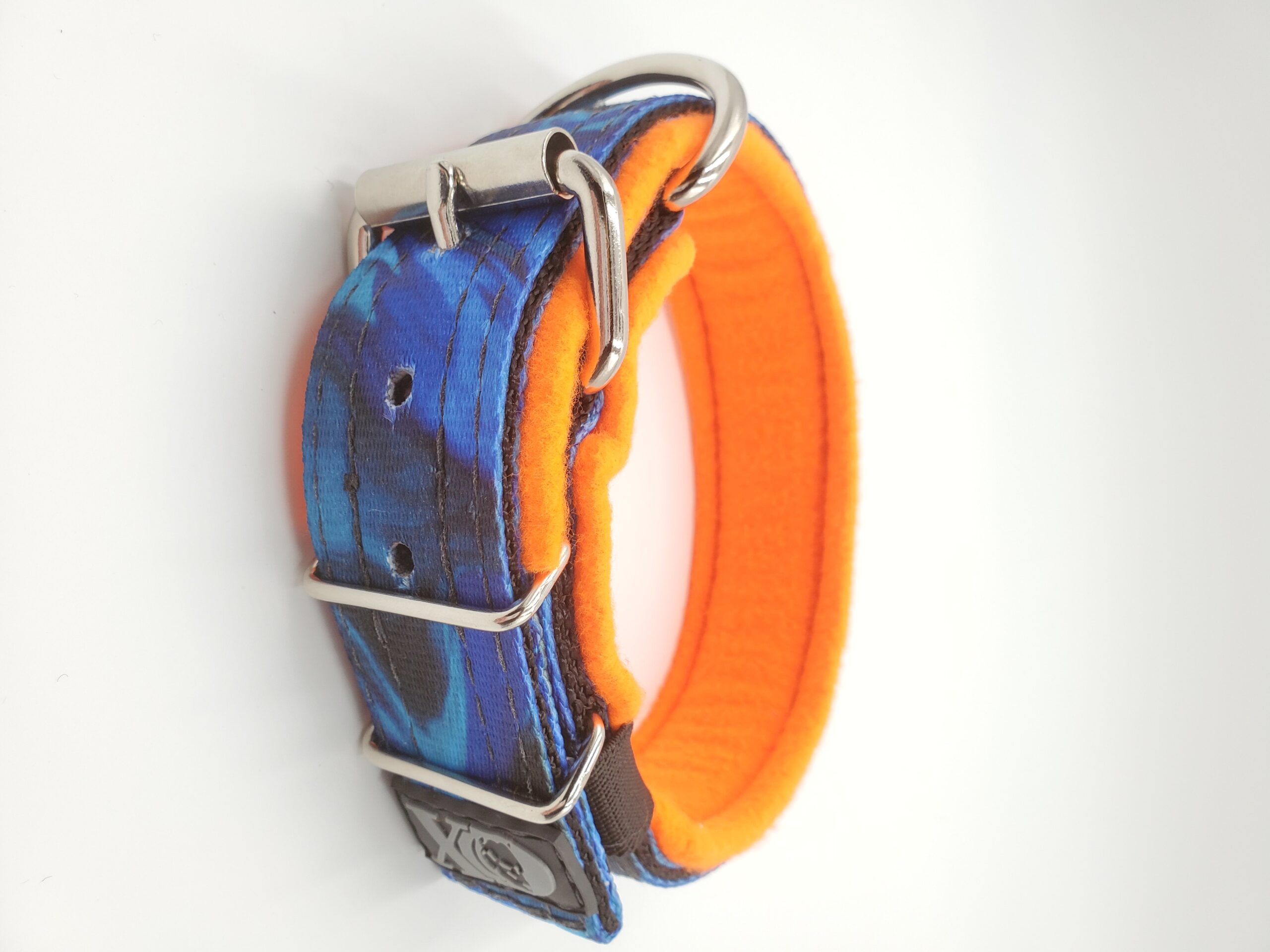 1.5" Fleece-Lined Collar, Liquid Blue Outer, Black Inner, Hot Orange Fleece, Black Stitch, Neck Size 16-21"