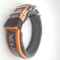 1.5" Fleece-Lined Collar, Pumpkin Outer, Powder Blue Inner, Metal Weave Stripe, Grey Fleece, Black Stitch, Neck Size 18-23"