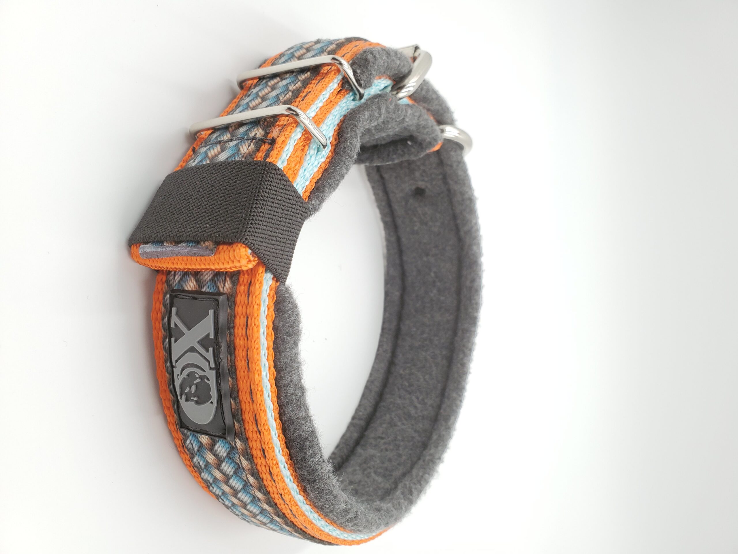 1.5" Fleece-Lined Collar, Pumpkin Outer, Powder Blue Inner, Metal Weave Stripe, Grey Fleece, Black Stitch, Neck Size 18-23"