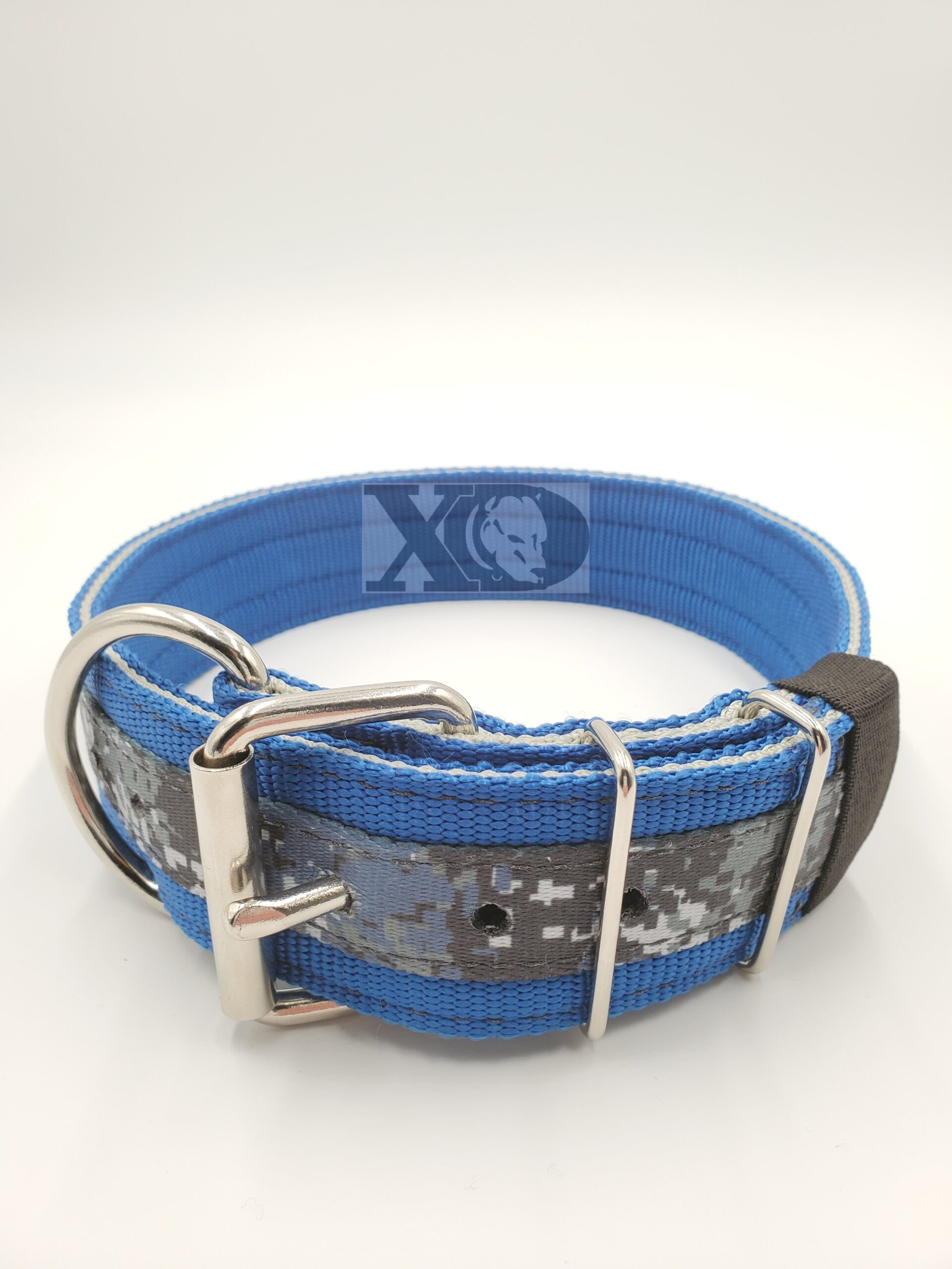 2" Nylon Collar- Pacific Blue Outer, Grey Inner, Digital Camo Blue Stripe, Black Stitch, Neck Size 23-28"