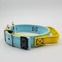 1.5" Nylon Collar, Powder Blue Outer, Hot Yellow Inner & Handle, Black Stitch, Neck Size 17-22"