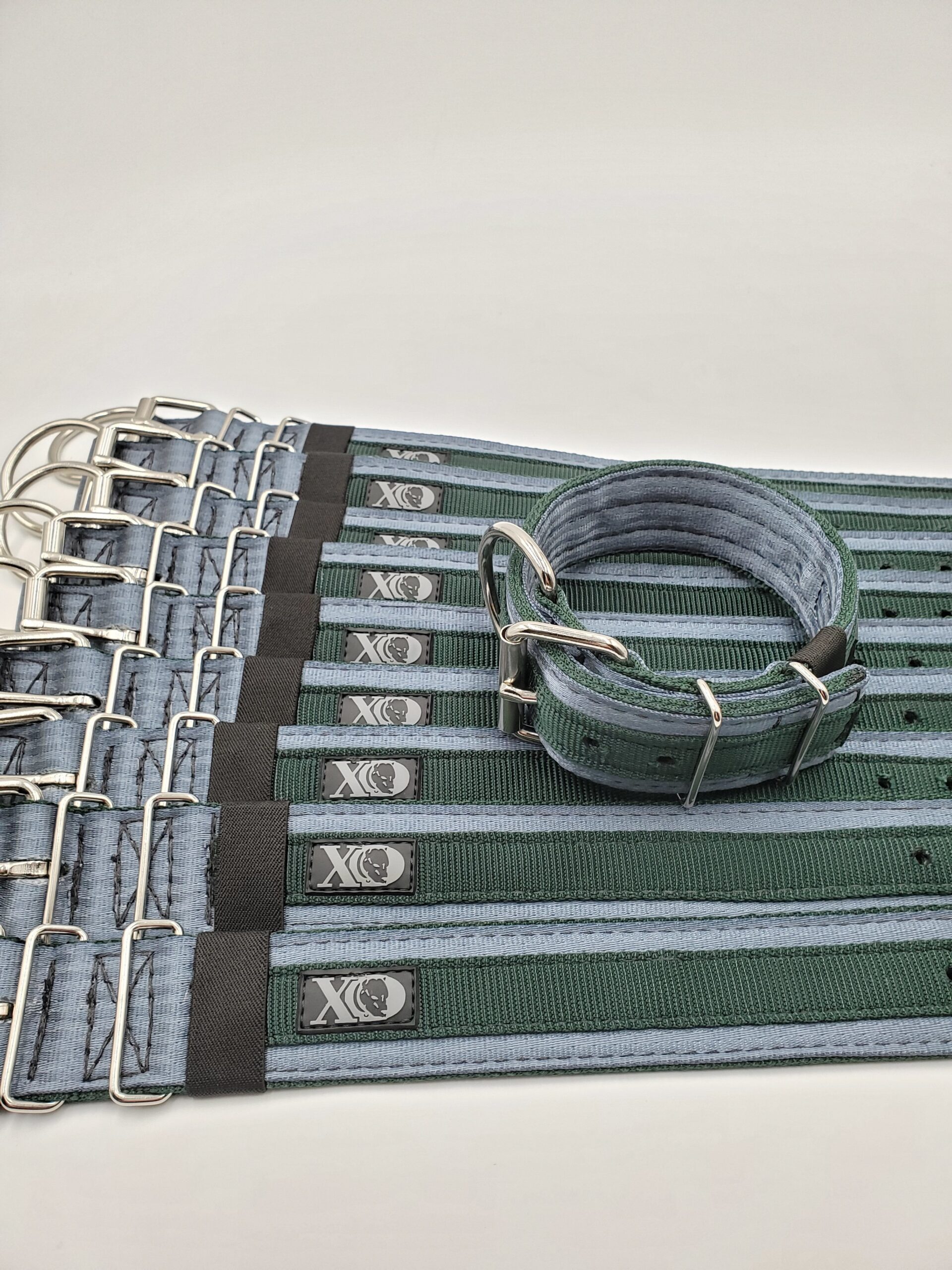 2" Wide Kennel Pack, Grey Seat Belt Outer, Forest Green Inner & Stripe, Black Stitch, Size 13-18"