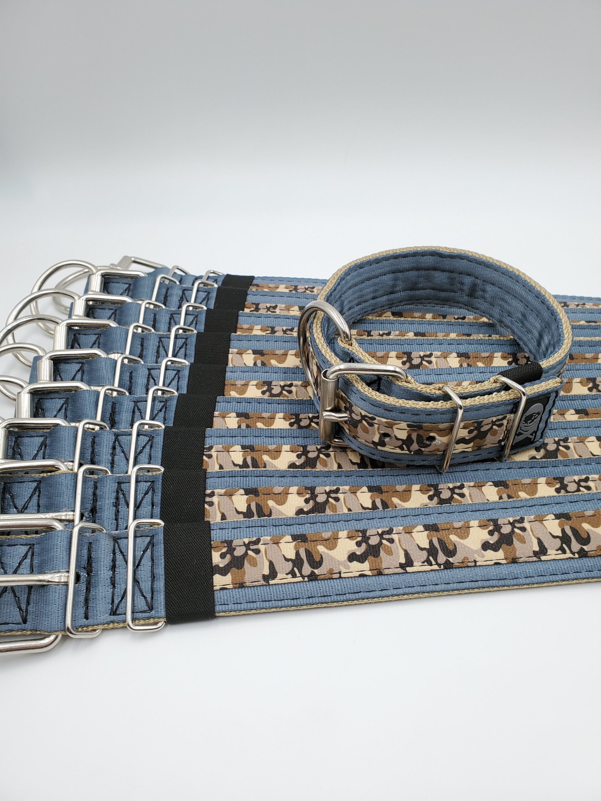2" Wide Kennel Pack, Grey Seat Belt Outer, Tan Inner, OP Camo Brown Stripe, Black Stitch, Size 16-21"