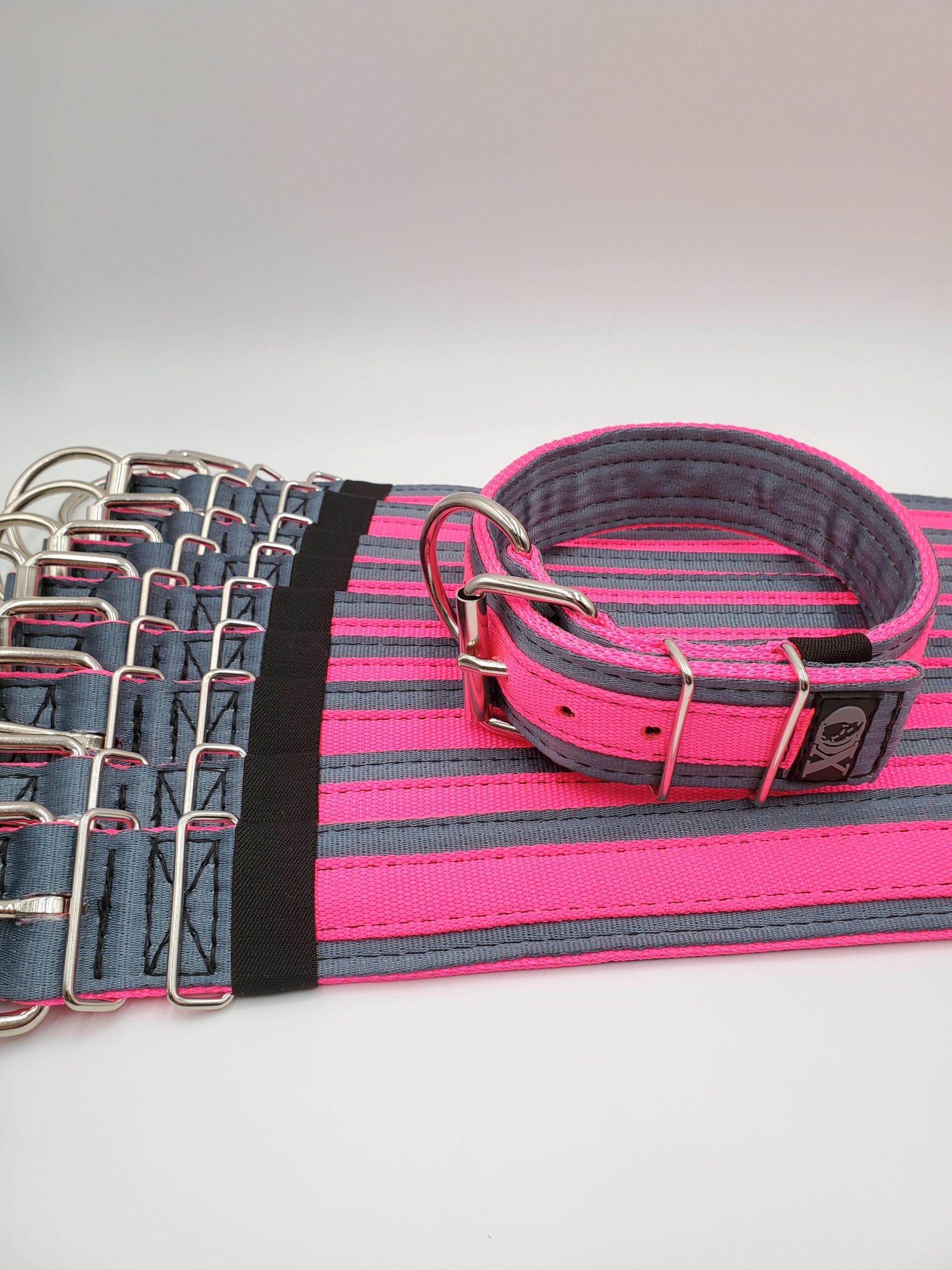 2" Wide Kennel Pack, Grey Seat Belt Outer, Hot Pink Inner & Stripe, Black Stitch, Size 17-22"