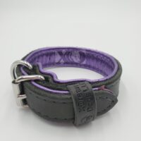 1" Black Latigo Leather Collar, Lined with Metallic Purple Deerskin, Black Stitch, Stainless Steel Hardware, Neck Size 9-13"