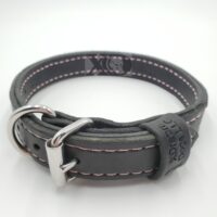 1" Black Latigo Leather 2-Ply, Heavy Duty Working Collar, Pink Stitch, Stainless Steel Hardware, Neck Size 14-18"